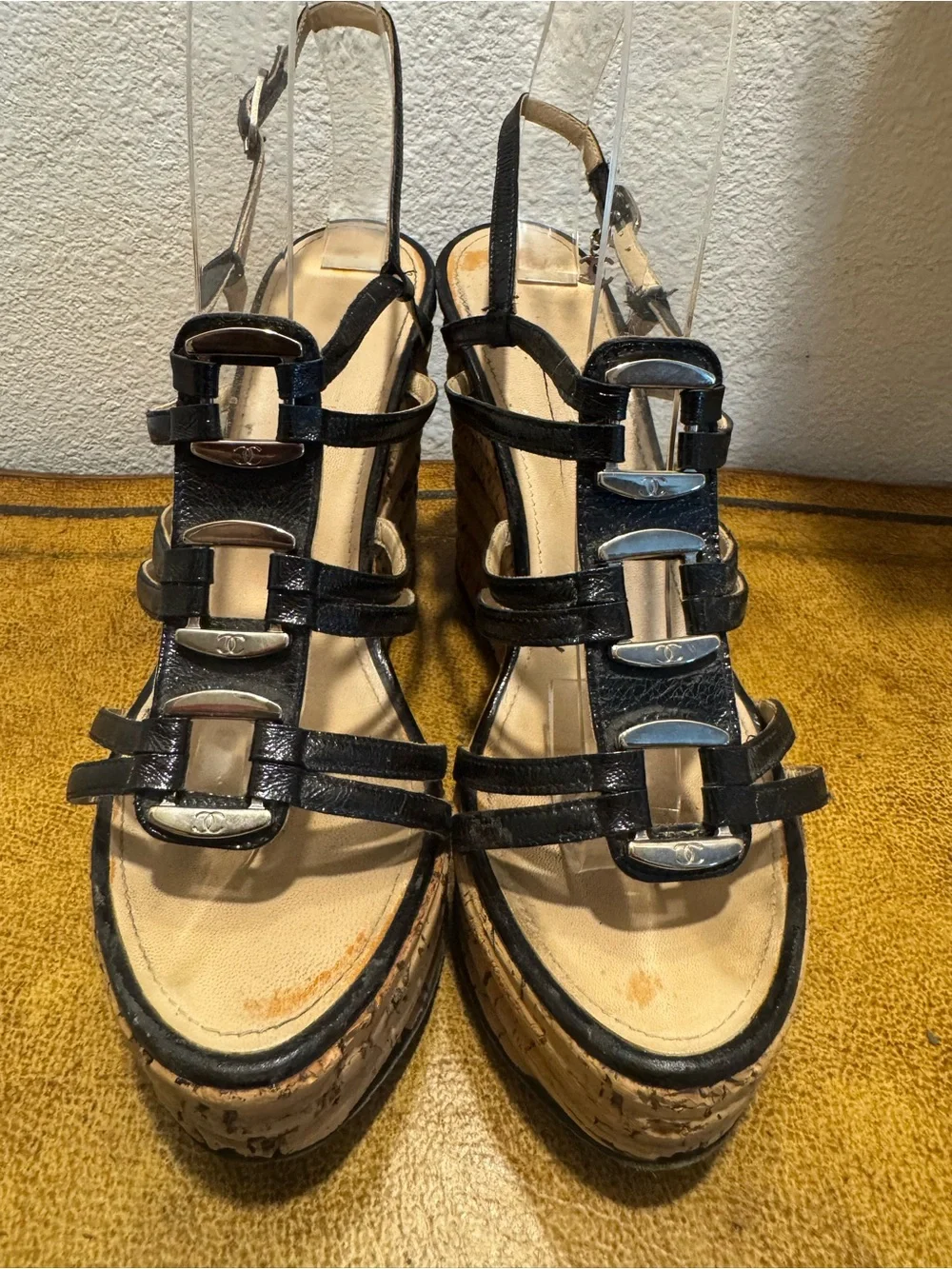 CHANEL Black Leather Strappy Cork Wedge Sandals Retail $1200